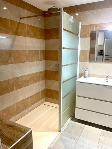 une salle de bain avec douche et lavabo dans l'établissement Bel appartement dans hameau calme, à Bonifacio