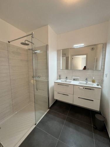 une salle de bain avec une douche, un lavabo et un miroir dans l'établissement Appartement dans résidence avec piscine, à Calvi