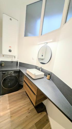 une salle de bain avec un lavabo et une machine à laver dans l'établissement La Sucrerie - Charme Industriel RDC, à Abbeville