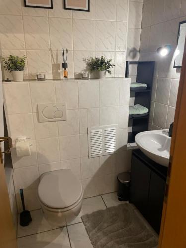 a bathroom with a toilet and a sink at Urlaub,Business,Weltkulturerbe in Völklingen