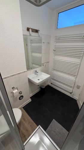 a white bathroom with a sink and a toilet at Design Apartment Hindenburg in Neustadt an der Weinstrasse in Neustadt an der Weinstraße