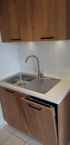 un comptoir de cuisine avec un évier et un évier dans l'établissement Les Mers du Sud, 4 personnes, vélos, piscine, climatisation, plage à 120m, à Gruissan