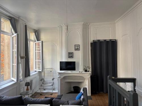 a living room with a fireplace and a television at Dieppe Coeur de Ville in Dieppe