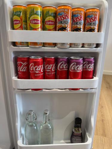 an open refrigerator filled with drinks and soda cans at La perle du centre - Studio in Limoux