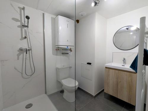 une salle de bain blanche avec des toilettes et un lavabo dans l'établissement Studio hypercentre de Roanne - 10 train station, à Roanne