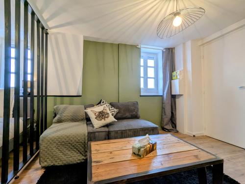 un salon avec un canapé et une table basse dans l'établissement Studio hypercentre de Roanne - 10 train station, à Roanne