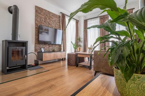 a living room with a fireplace and a tv at Apartmán Horček, Terchová in Terchová