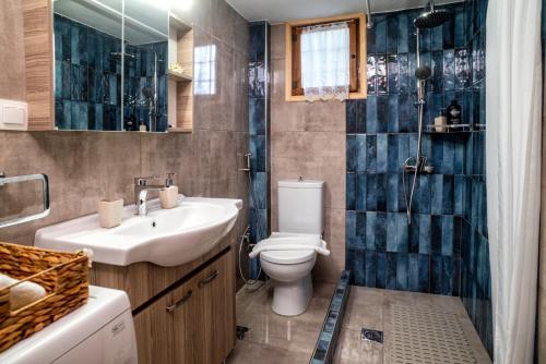 a bathroom with a toilet and a sink and a shower at Fotini's House Tsagarada Pelion in Tsagarada