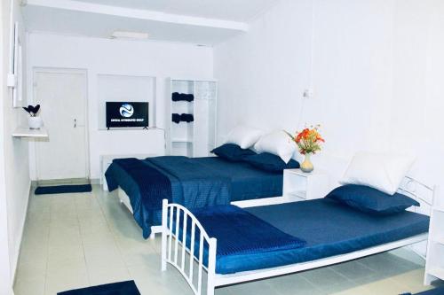 a white bedroom with two beds and a tv at Crystal Villa Knuckles in Kandy