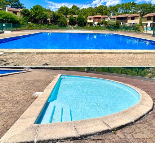 deux photos d'une grande piscine bleue dans l'établissement Lou Hapchot, à Lacanau