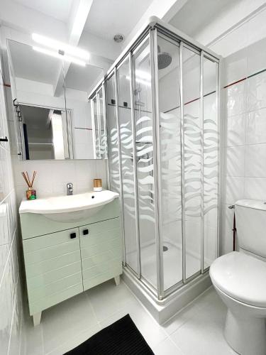 une salle de bain avec une douche, un lavabo et des toilettes dans l'établissement Lou Hapchot, à Lacanau