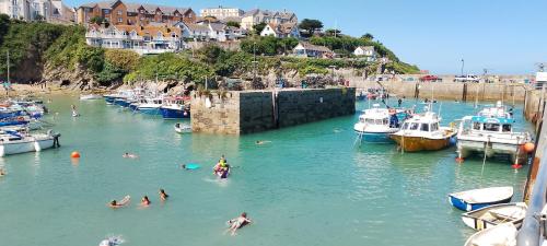 a group of people swimming in a harbor with boats at Sunset retreat caravan with large wrap around decking in Newquay