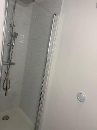 une douche avec une porte vitrée dans une salle de bain dans l'établissement Appartement 75 metres carres proche gare et tram, à Montpellier