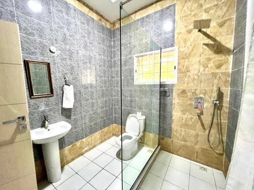 a bathroom with a shower and a toilet and a sink at FURNISHED APARTMENTS UTAKO ABUJA Between Wuse & Jabi District PLS VIEW Flat PHOTOS B4 BOOKING in Abuja