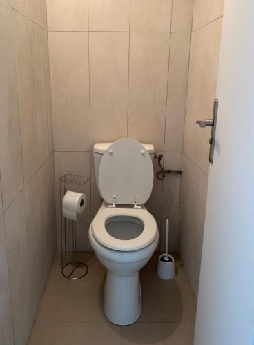 a bathroom with a white toilet in a stall at Villa Banana Chill in Sainte-Luce