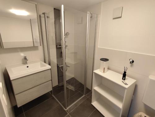 a white bathroom with a shower and a sink at Eva's Ferienwohnung in Altaussee