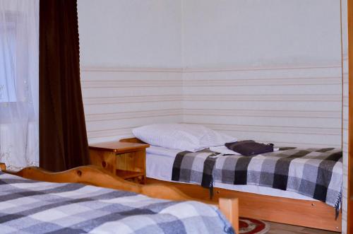 a room with two beds and a dog laying on the floor at Guest House Mandrivnyi Rooms&Apartments in Yasinya