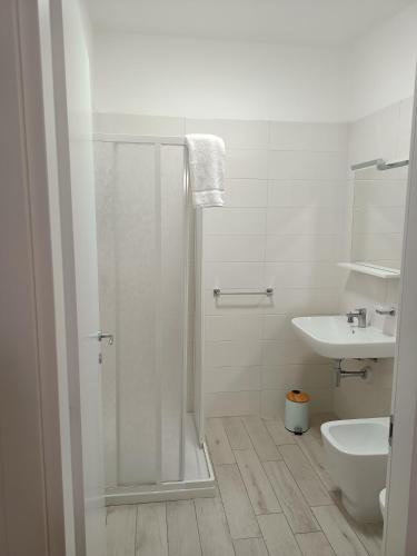 a bathroom with a shower and a toilet and a sink at Luxury Penthouse 2 camere in Castiglione della Pescaia
