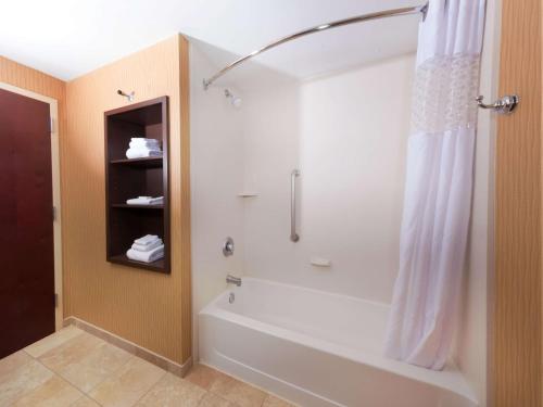 a bathroom with a shower and a white tub at Hampton Inn and Suites Woodstock, Virginia in Woodstock