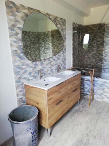 une salle de bain avec un lavabo et un miroir dans l'établissement Les Loges, à Poncé sur Le Loir
