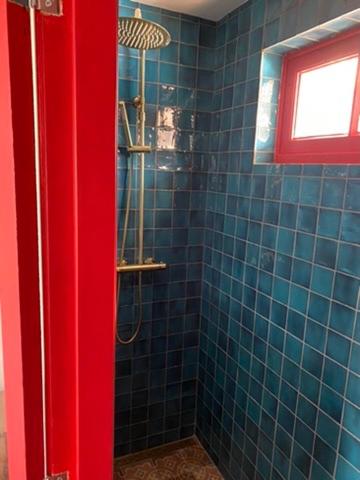 a blue tiled bathroom with a shower with a red door at charming studio in Amsterdam-Noord in Amsterdam