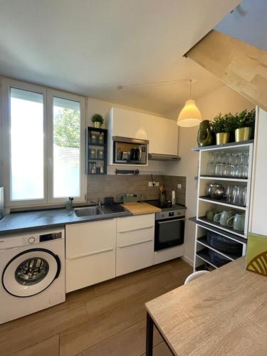 une cuisine avec un évier et une cuisinière four supérieur dans l'établissement Duplex casa verde, à Angers