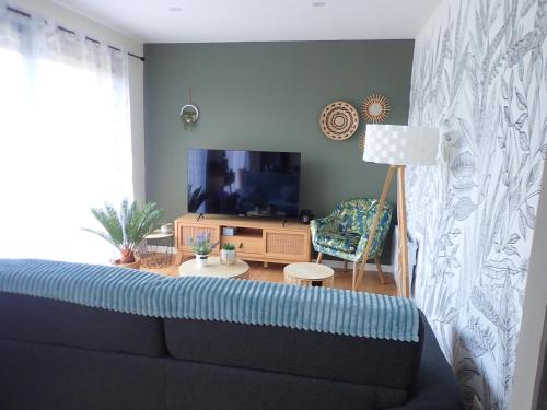 un salon avec un canapé et une télévision dans l'établissement Ria d'ETEL maison en bois ensoleillée à 150m de la plage, à Plouhinec