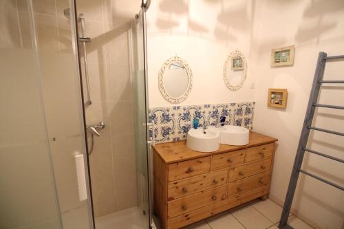 a bathroom with a shower and a sink at le gîte de Claire maison avec terrasse, calme et confort, lit king size linge fourni in Couze-et-Saint-Front