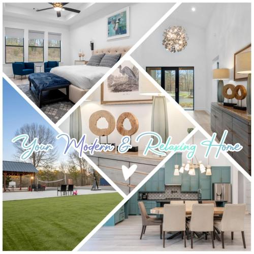 a collage of photos of a bedroom and a living room at Modern Retreat 10 min-Oaklawn BBQ grill Pavillion Kids playground in Hot Springs