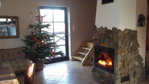 a living room with a christmas tree and a fireplace at Trzy Strumyki in Kąty Bystrzyckie