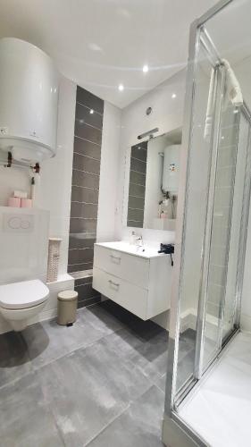 une salle de bain avec toilettes, lavabo et douche dans l'établissement Cannes 1-Bedroom Apartment - 15M, à Cannes
