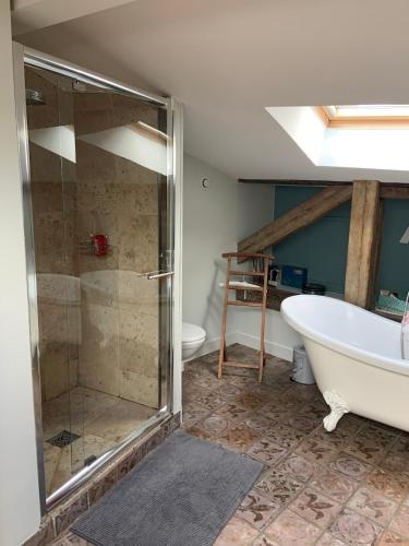 une salle de bain avec baignoire et douche dans l'établissement Maison typique Bordeaux avec piscine, à Bègles