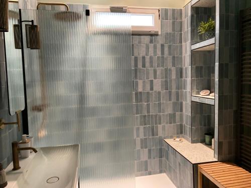 une salle de bain avec baignoire et douche en verre dans l'établissement Un jardin en ville - Parking gratuit, à Lyon