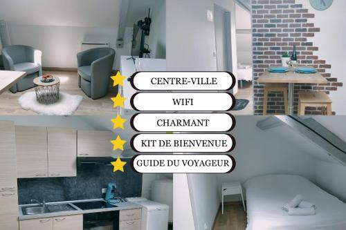 two pictures of a kitchen and a living room at S Bourgeois 2 Charmant T3 tout équipé au centre in Sedan