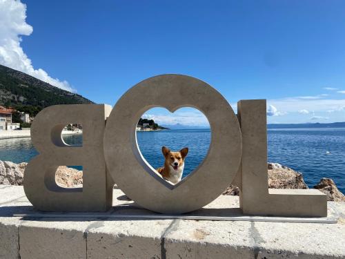 a dog sitting in a heart shaped sign at Apartment Simon - Old Stone Charm, Central Bol Life in Bol