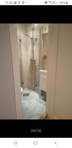 a bathroom with a shower and a toilet and a sink at Majorstuen in Oslo