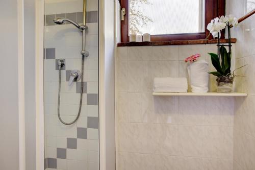 a bathroom with a shower with a glass door at Borgo San Lorenzo a Linari in San Rocco a Pilli