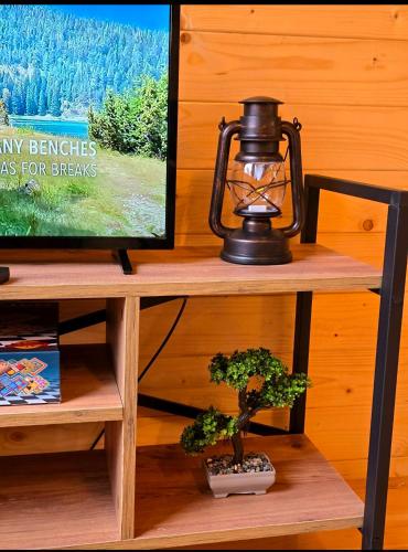 a lamp sitting on a wooden shelf next to a tv at Domaćinstvo Krstajić - Rural holiday in Žabljak