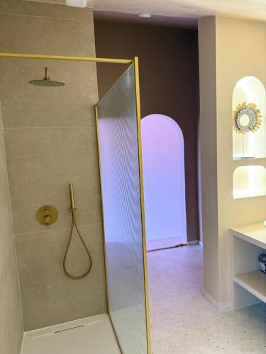 une douche avec une porte vitrée dans une pièce dans l'établissement VillaNoor&Spa AdultOnly, à Les Moëres