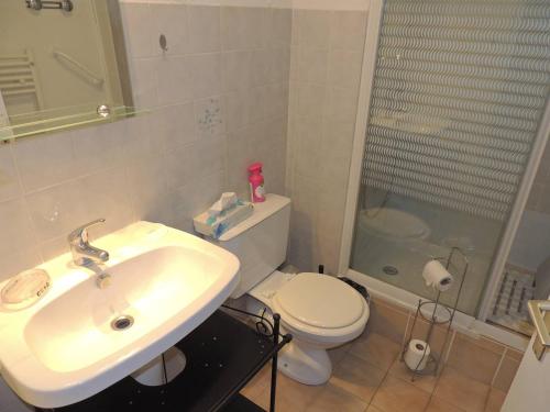 une salle de bain avec un lavabo, des toilettes et une douche dans l'établissement T1 agréable avec parking privé, proche étang de Thau, climatisé, cuisine équipée, loggia, Balaruc-les-Bains - FR-1-571-33, à Balaruc-les-Bains