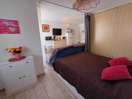 une chambre avec un lit avec un oreiller rouge dessus dans l'établissement T1 agréable avec parking privé, proche étang de Thau, climatisé, cuisine équipée, loggia, Balaruc-les-Bains - FR-1-571-33, à Balaruc-les-Bains
