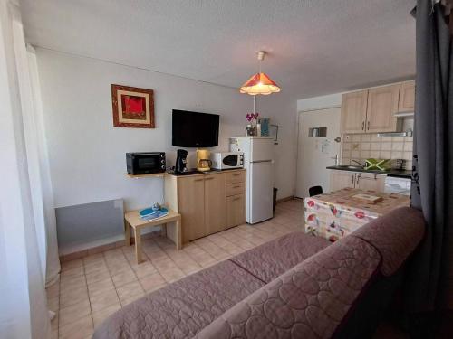 un salon avec un canapé et une cuisine dans l'établissement T1 agréable avec parking privé, proche étang de Thau, climatisé, cuisine équipée, loggia, Balaruc-les-Bains - FR-1-571-33, à Balaruc-les-Bains