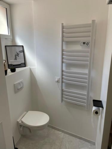- une salle de bains blanche avec des toilettes et une photo dans l'établissement Apparement au centre de Semur en Auxois, à Semur-en-Auxois