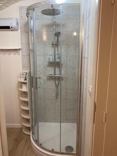 une douche avec une cabine en verre dans une salle de bain dans l'établissement Charming house and studio, à Les Matelles