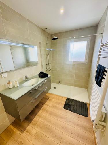 une salle de bain avec un lavabo et un miroir dans l'établissement Le Cèdre Enchanté - Maison avec 2 chambres pour 6 personnes climatisée, avec terrasse et BBQ, à Chanas