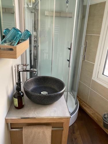 La salle de bains est pourvue d'un lavabo noir et d'une douche. dans l'établissement Appartement Vancouver, à Honfleur