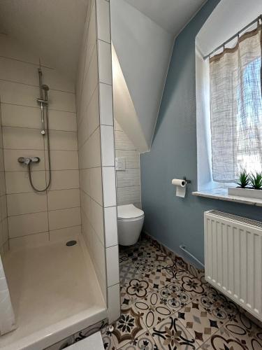 une salle de bain avec douche et toilettes dans l'établissement Romane Amneville proximité A31 Thermal Lux, à Amnéville