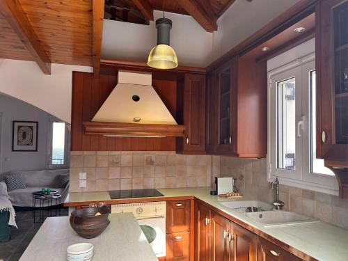 a kitchen with wooden cabinets and a stove top oven at VISTA MARE Kythera House in Agia Pelagia