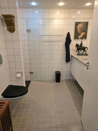 a bathroom with a toilet and a tiled floor at Esben Juhls Guest Room in Copenhagen