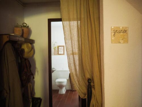 baño con aseo y puerta con cortina en Can Silvestre, en Riudarenes